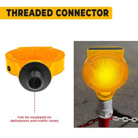 Yellow threaded connector with text indicating its use on delineators and traffic cones.