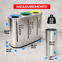 Recycling bin with measurements and weight displayed on a gray background