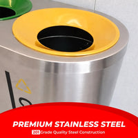 Metallic trash bin with yellow top and text about premium stainless steel construction.