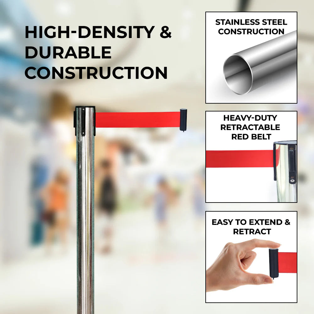 Stainless Steel Queue Barrier with 2 Meter Red Retractable Belt