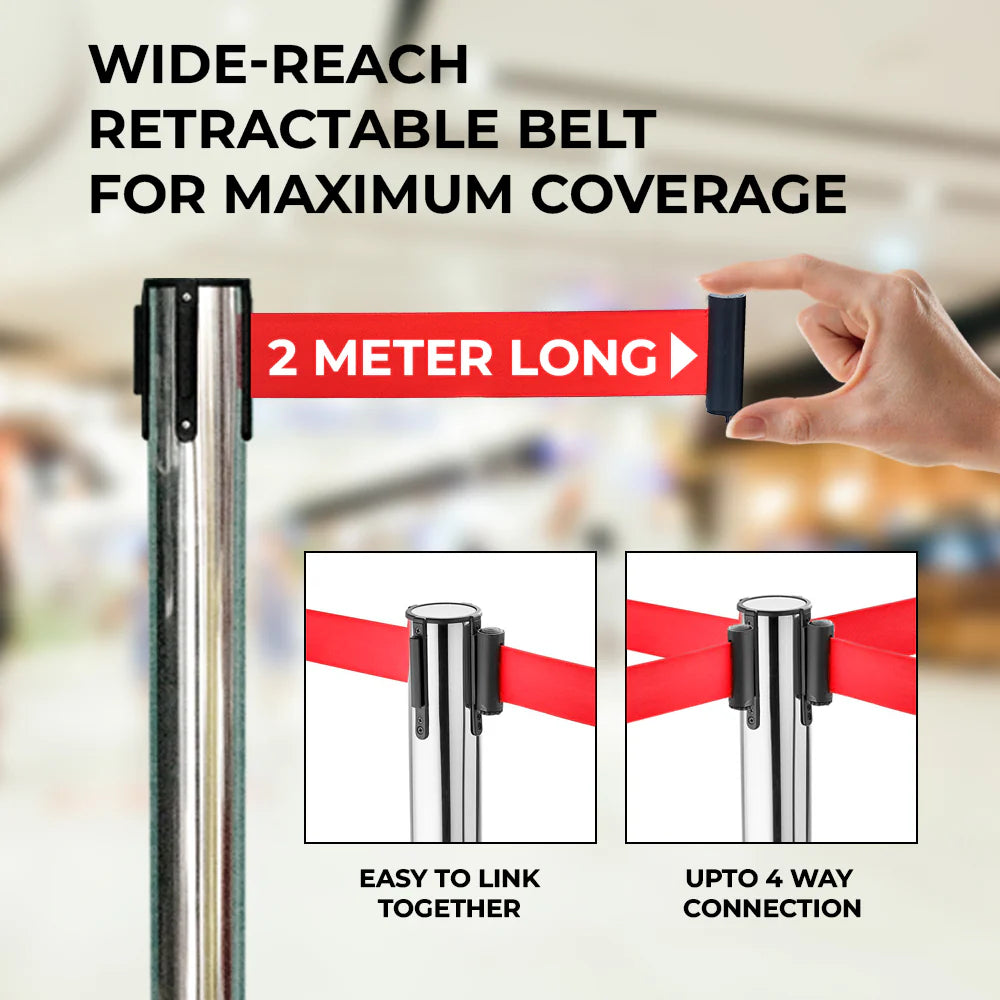 Stainless Steel Queue Barrier with 2 Meter Red Retractable Belt