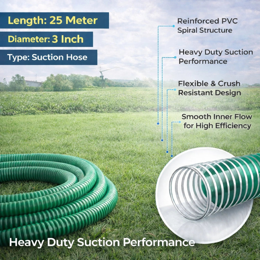 Green suction hose with specifications on a grassy