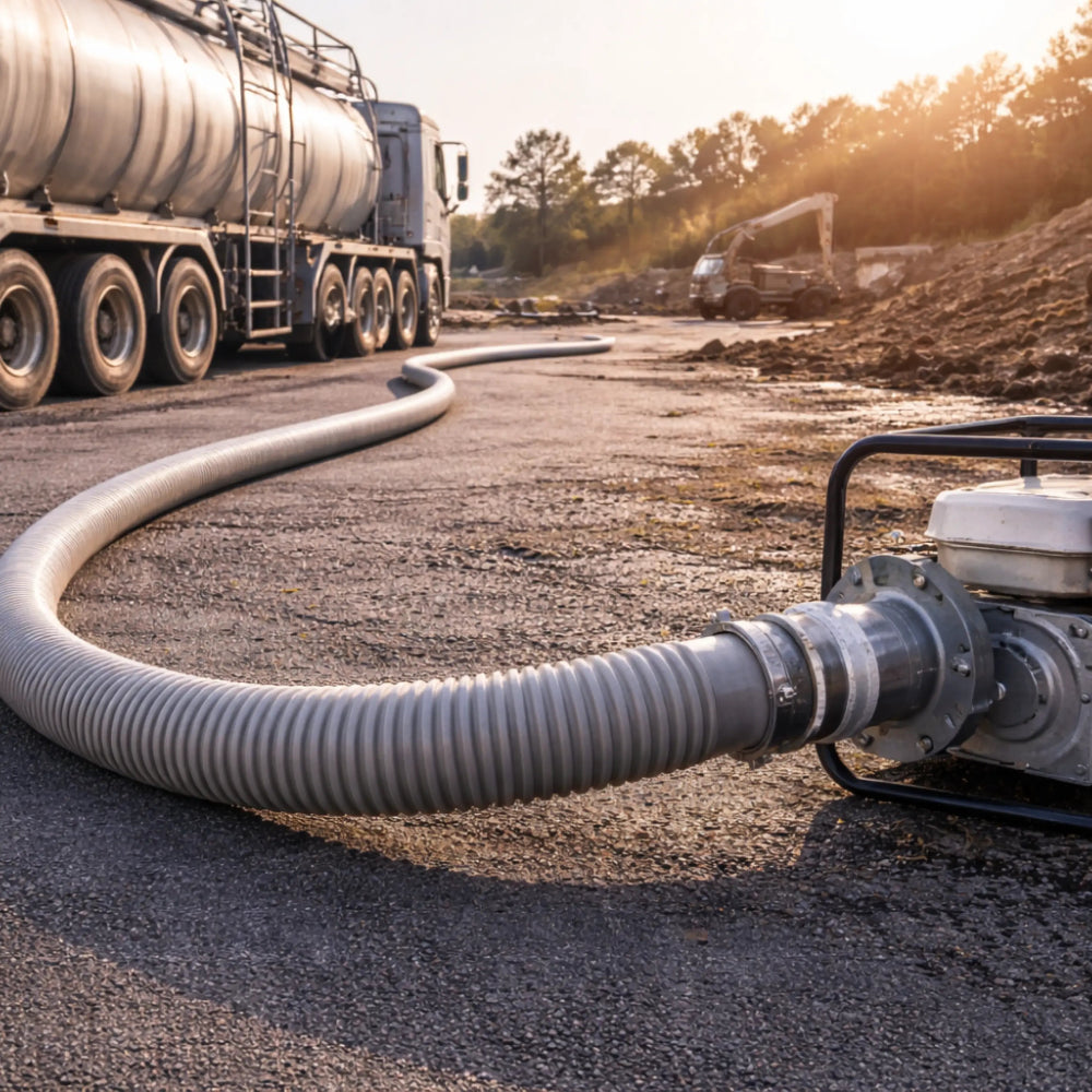 Large tanker truck with a hose and pump on a construction site.