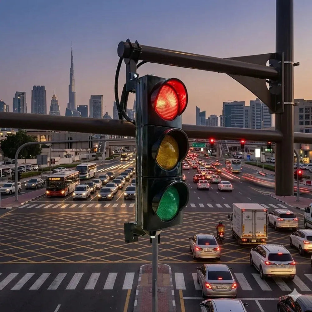 Traffic light with a city skyline in the