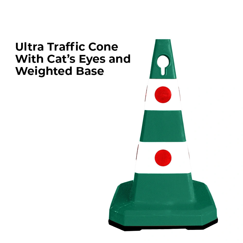 A green and white traffic cone