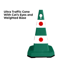 A green and white traffic cone