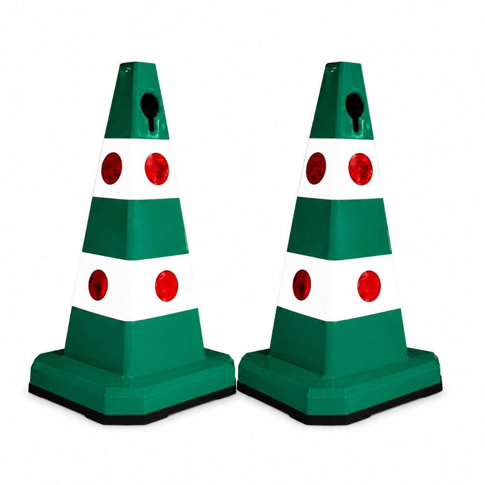 Two green and white traffic safety cones