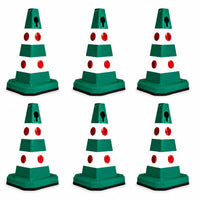 Six green and white traffic safety cones