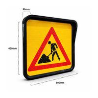 Construction work warning sign with dimensions