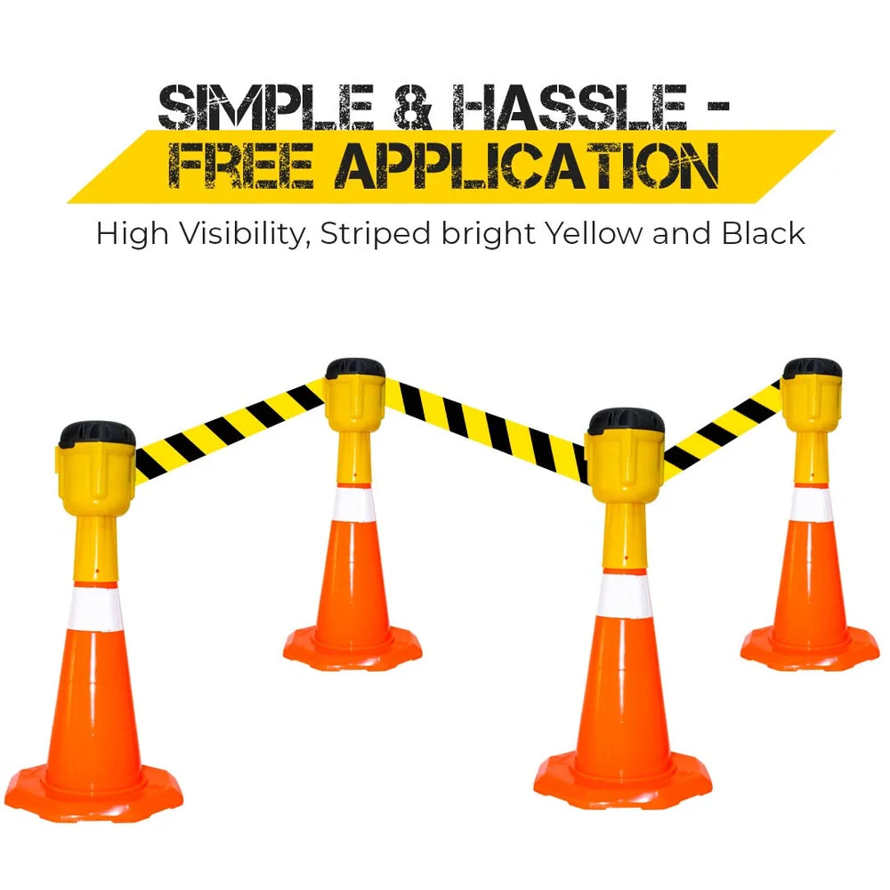 9 meter yellow and black retractable cone topper tape for restricted area marking