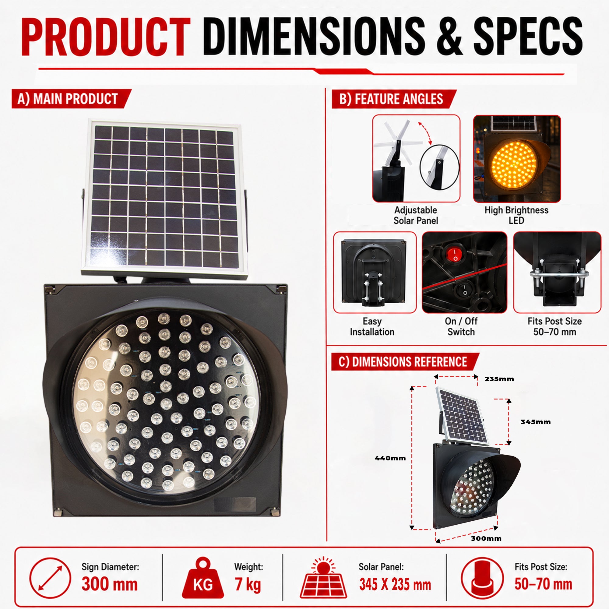 300mm yellow blinking solar LED warning beacon for traffic control and hazard warning