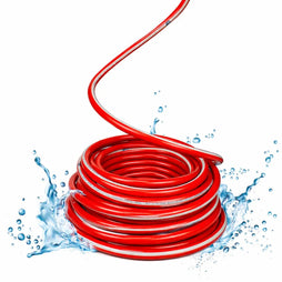 Red garden hose with water splashes on a white background