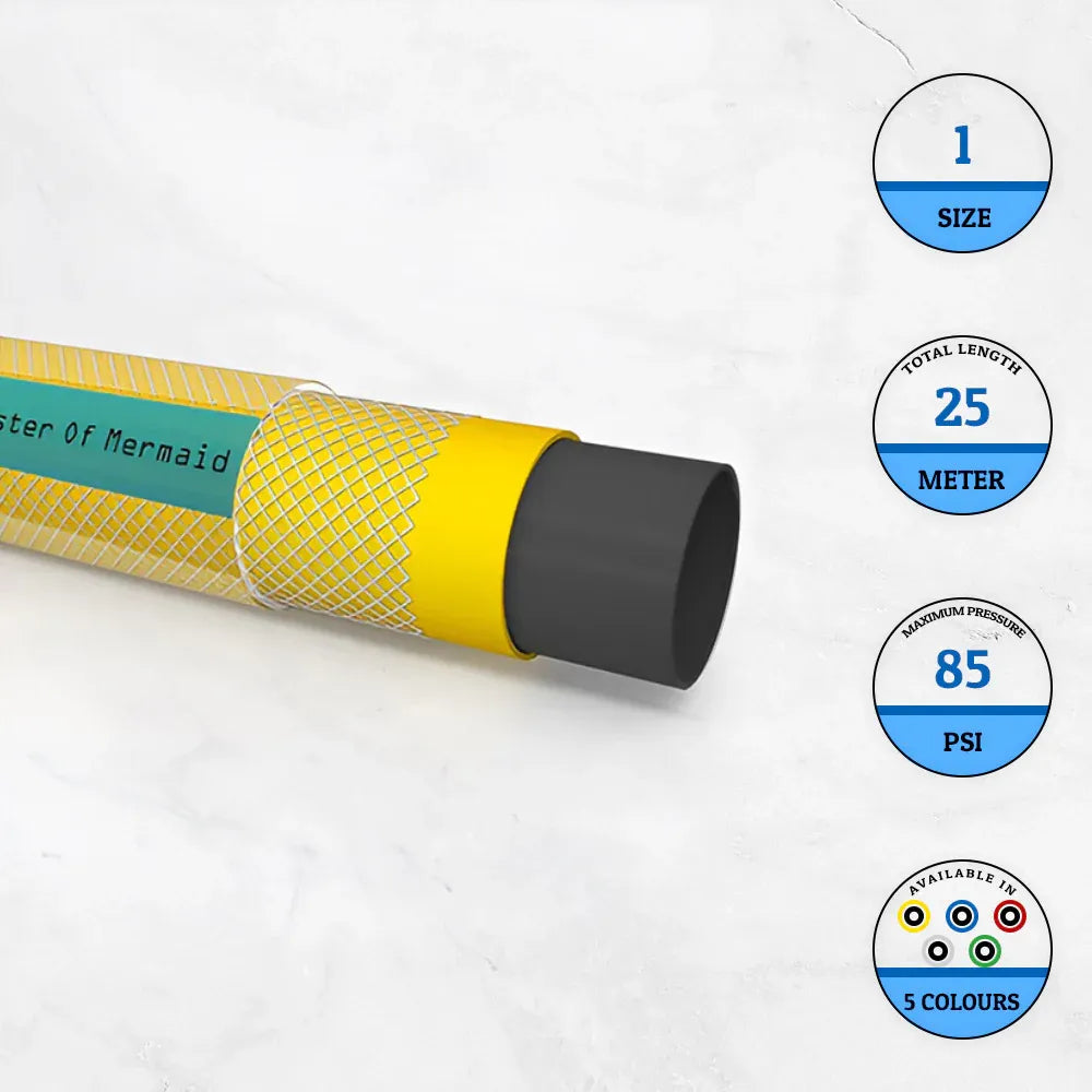 Yellow hose with black end on a white background, featuring product details.