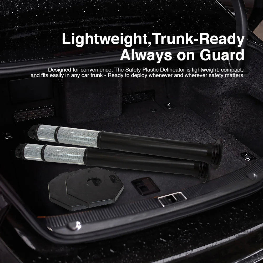 Safety plastic delineator in a car trunk with text about its features.