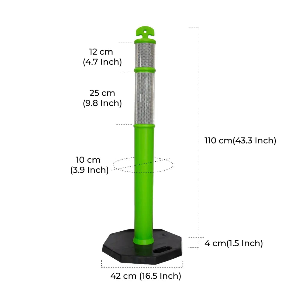 Green post with measurements