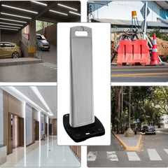 customizable delineator post for construction site, indoor hallway, and street with traffic cones.