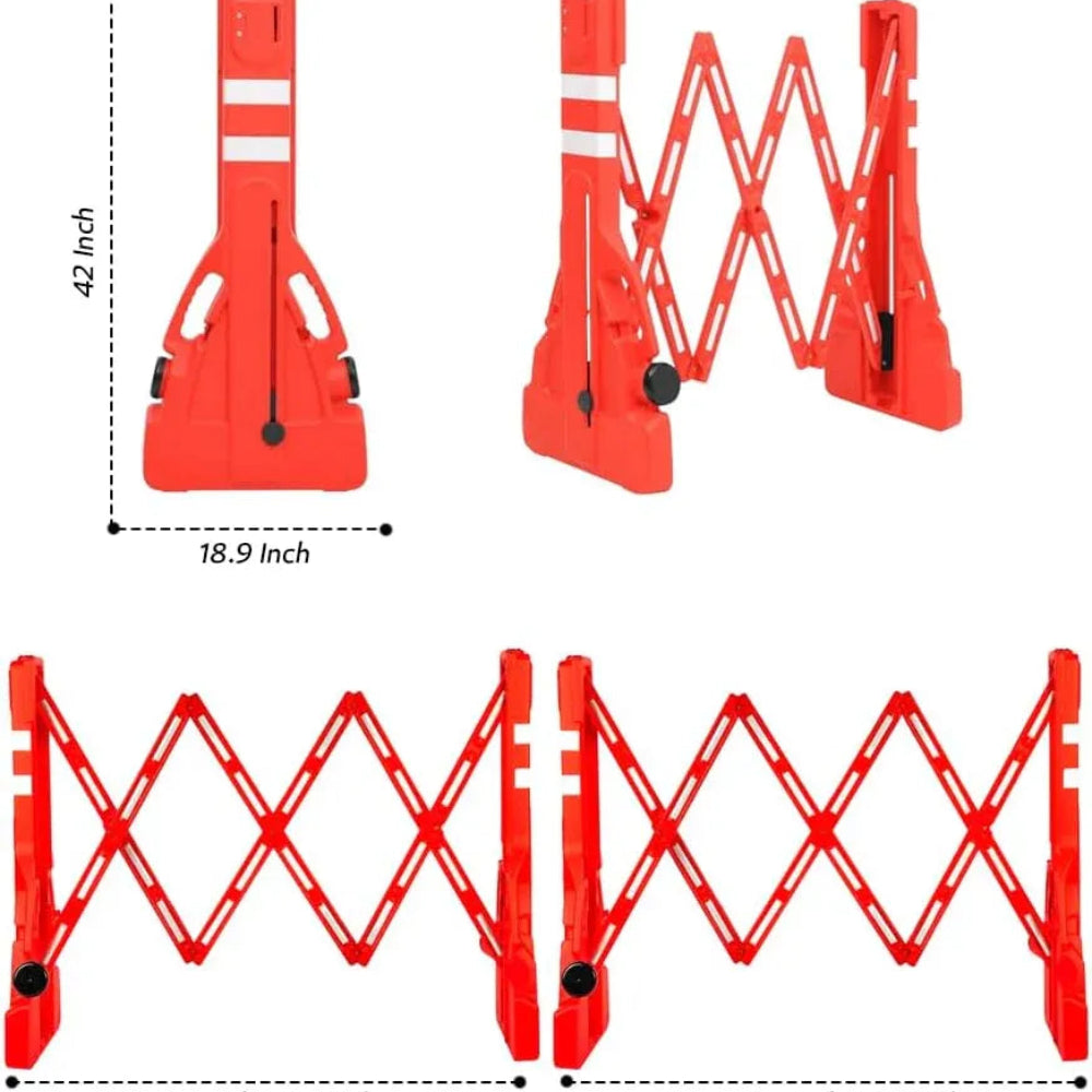 Red safety barrier with dimensions and expandable length on a white background