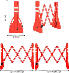 Red safety barrier with dimensions and expandable length on a white background