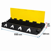 Black and yellow leveling cable cover with measurements on a white background