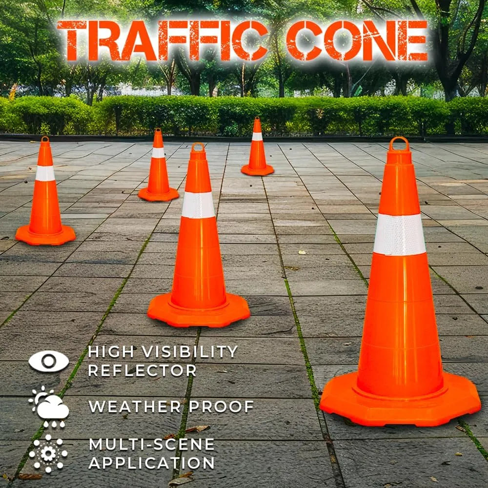 Orange traffic cones with reflective stripes on a paved surface.