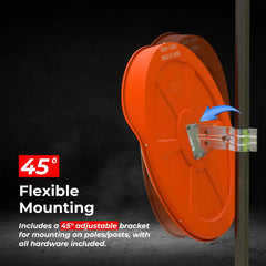 Orange reel with 45-degree flexible mounting bracket.