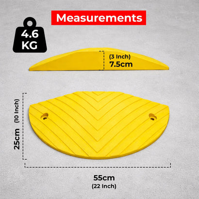 Yellow rubber speed ramp with measurements on a gray background