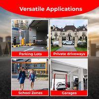 Collage of various applications including parking lots, private driveways, school zones, and garages with a red banner 