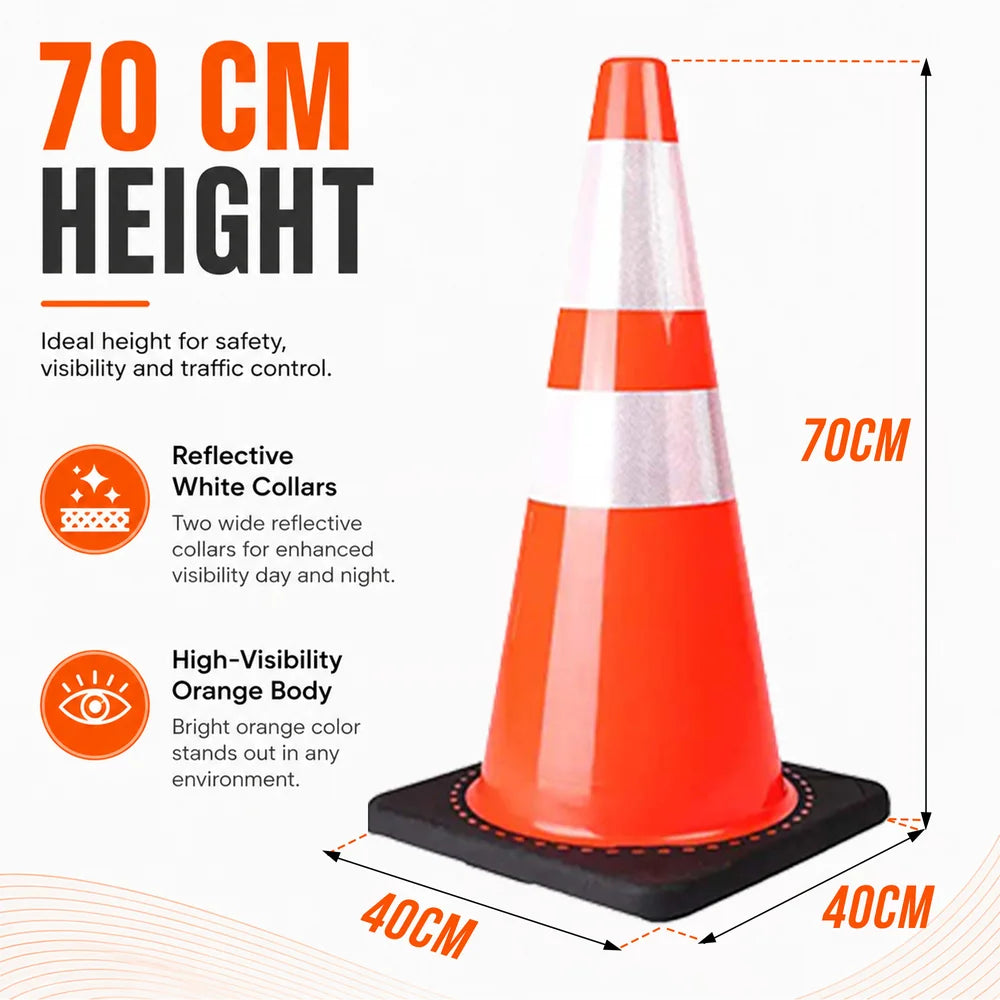 Orange 70cm PVC traffic cone with black base for construction and parking safety