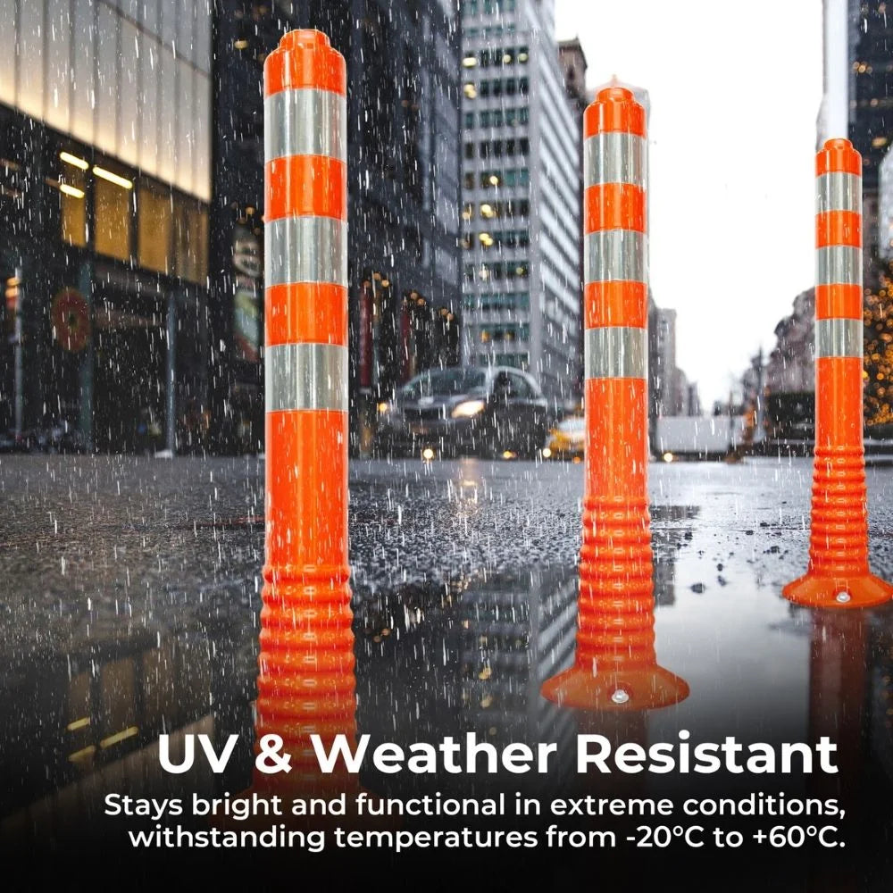 Orange and white striped posts in a city street with text about UV & Weather Resistance.
