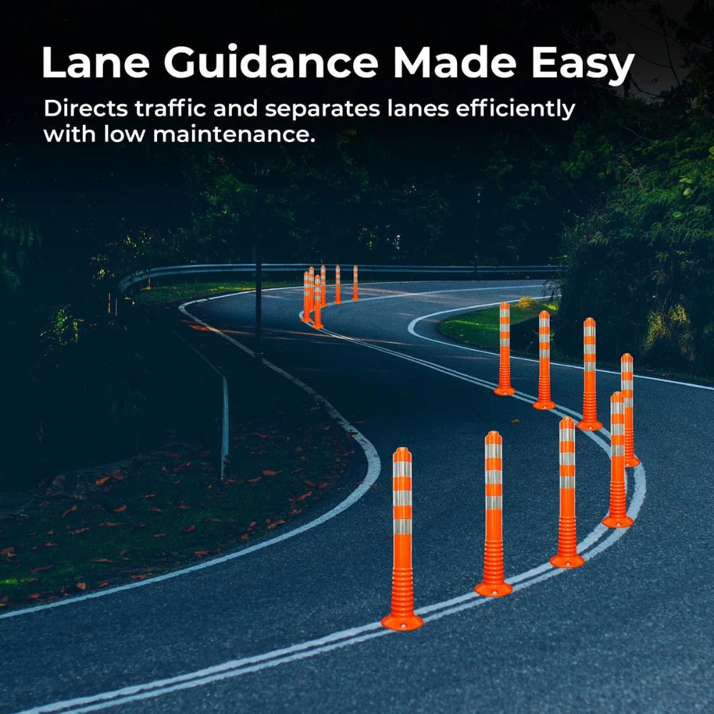 Orange traffic cones on a road with text about lane guidance.