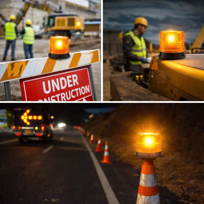  construction scenes with warning lights and 'Under Construction' signs.