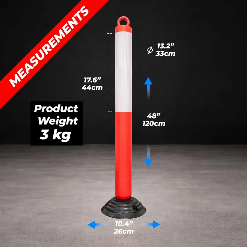 Red and white pole with measurements and product weight displayed on a black background