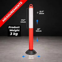 Red and white pole with measurements and product weight displayed on a black background