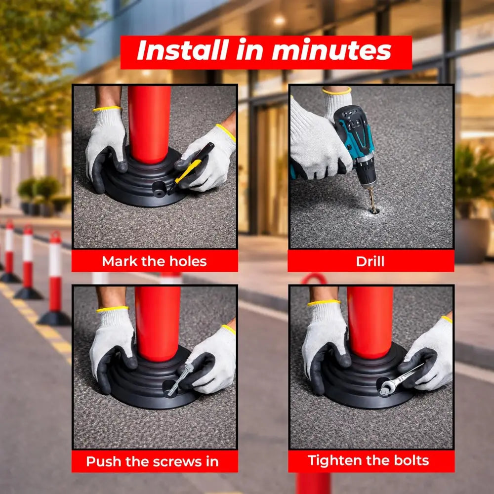 Step-by-step installation process of a red pole 