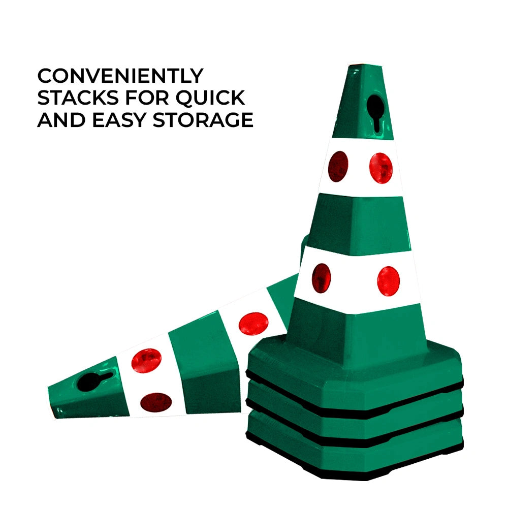 Green and white traffic safety cones 
