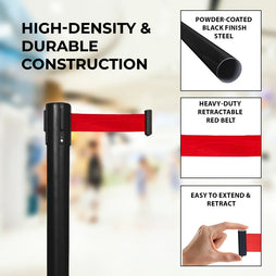 Black Queue Barrier Post  with 2Meter Red Retractable Belt