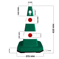 A green and white traffic-style cone 