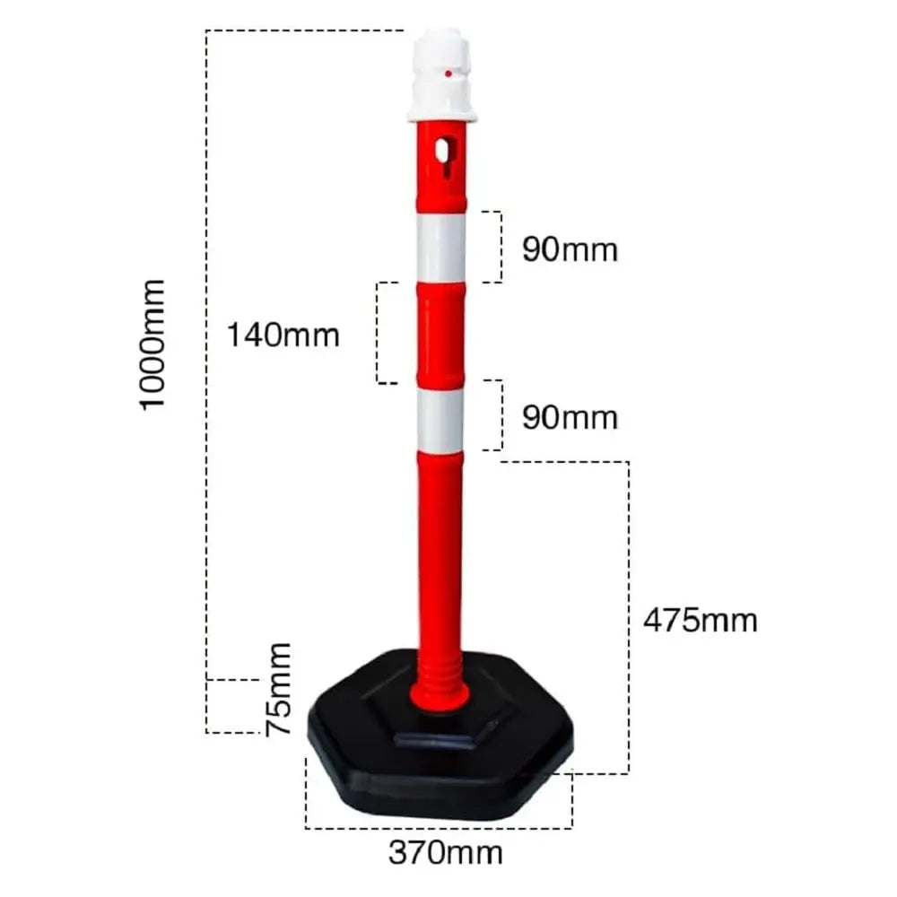 Red and white traffic barrier post with dimensions on a white background