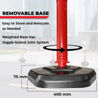 Red pole with a black base on a white background, highlighting features like a removable base and joggle-locked joint system.