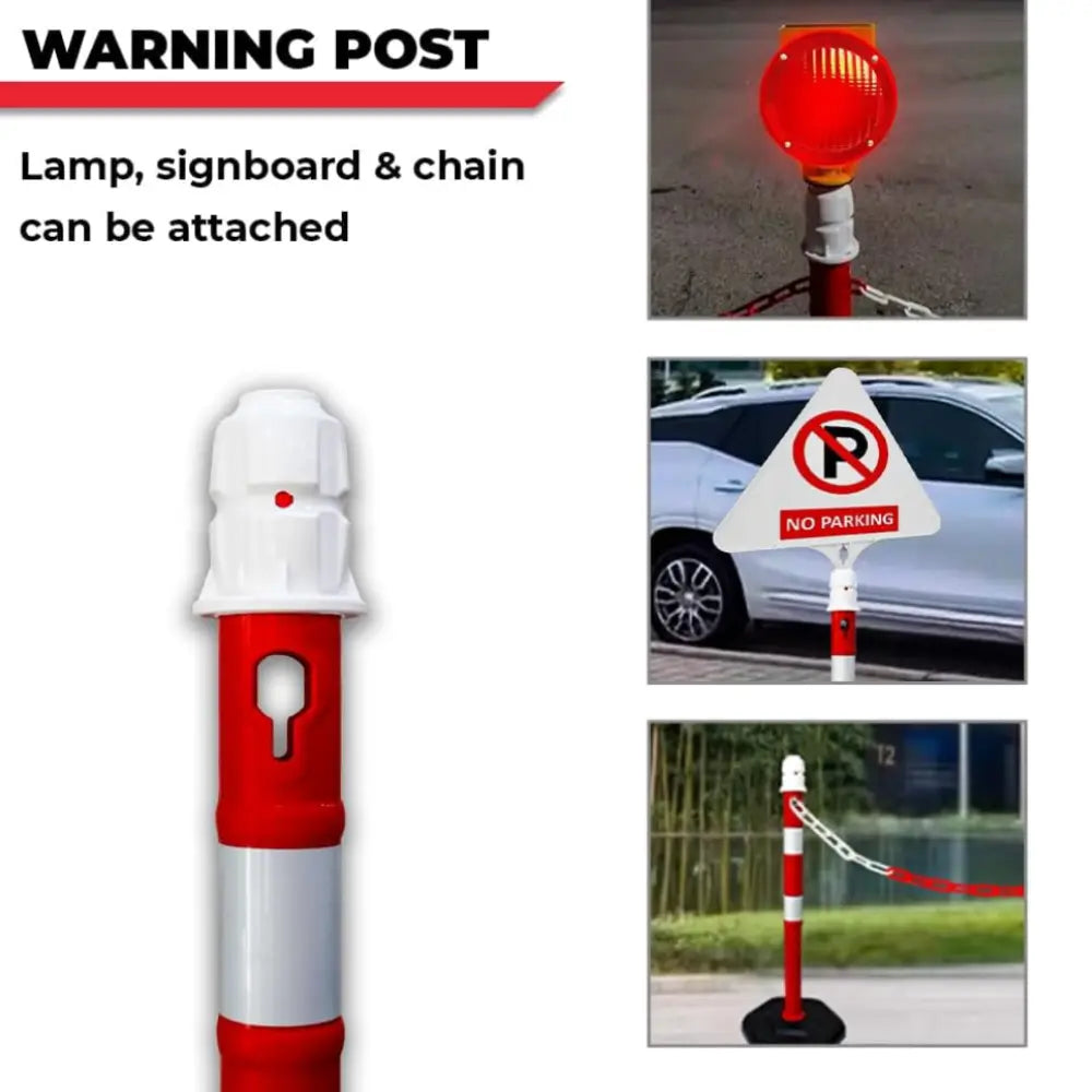 Red and white warning post with attached lamp, signboard, and chain 