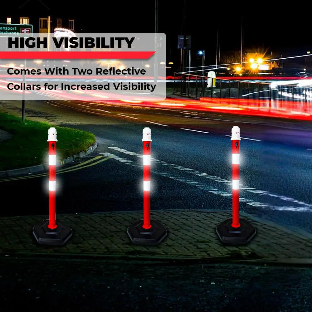 Three traffic cones with reflective collars on a road at night, with text about high visibility.