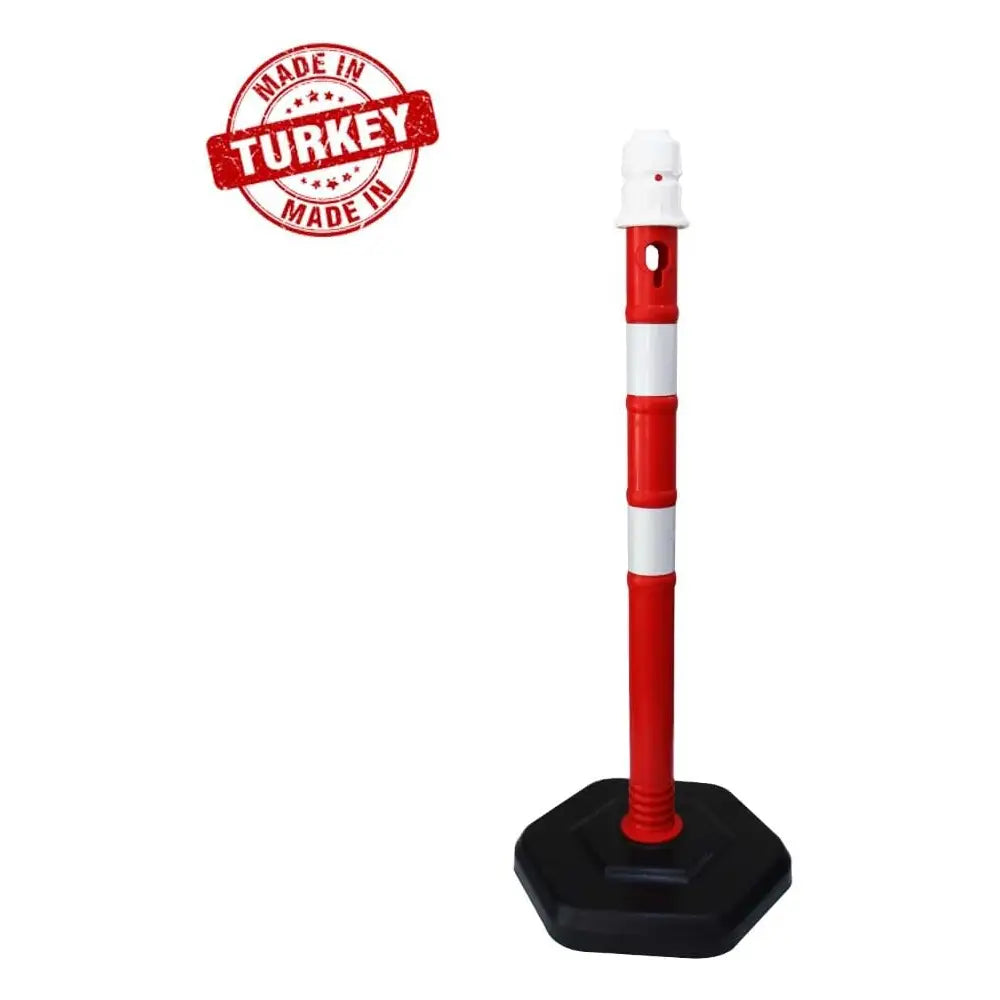 Red and white traffic cone with black base on a white background, featuring 'Made in Turkey' stamp.