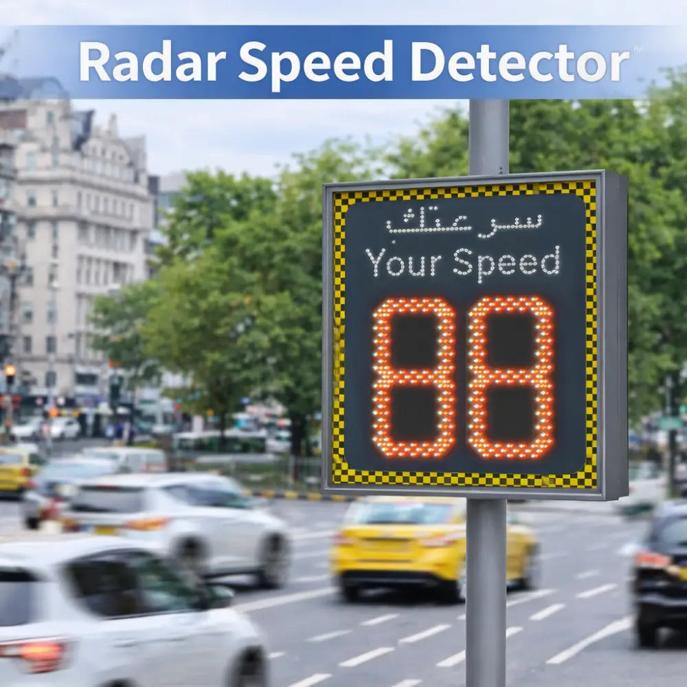 Radar speed detector displaying a speed reading on a busy street.