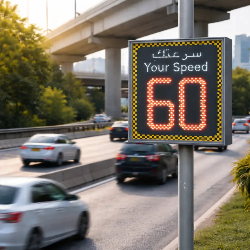 Speed limit sign on a highway with cars passing by