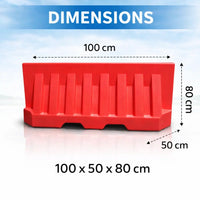 Red plastic barrier with dimensions labeled on a blue and white background