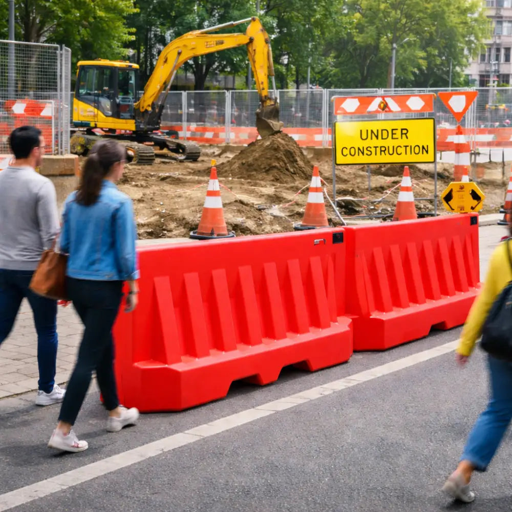 People walking around a construction site with red barriers and an excavator in the background.