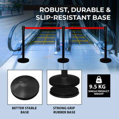 Black Queue Barrier Post  with 2Meter Red Retractable Belt