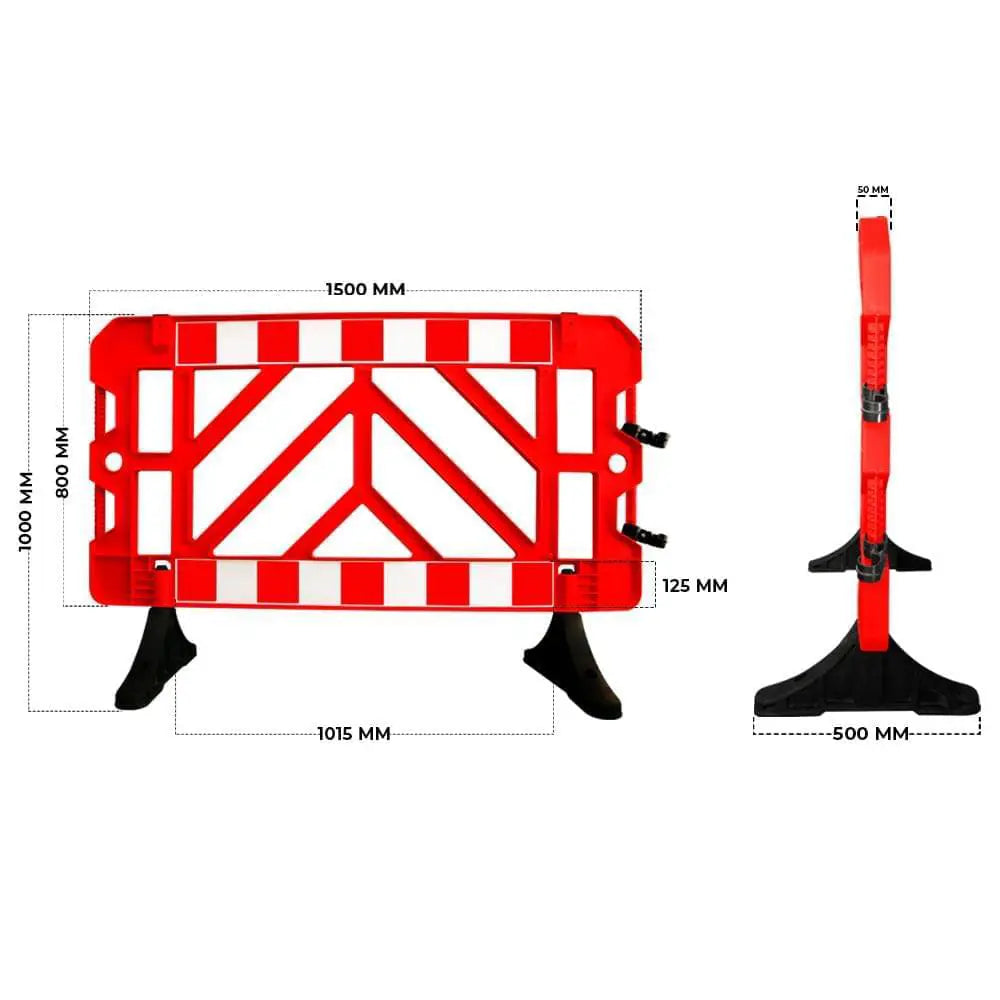 Red and white traffic barrier with dimensions