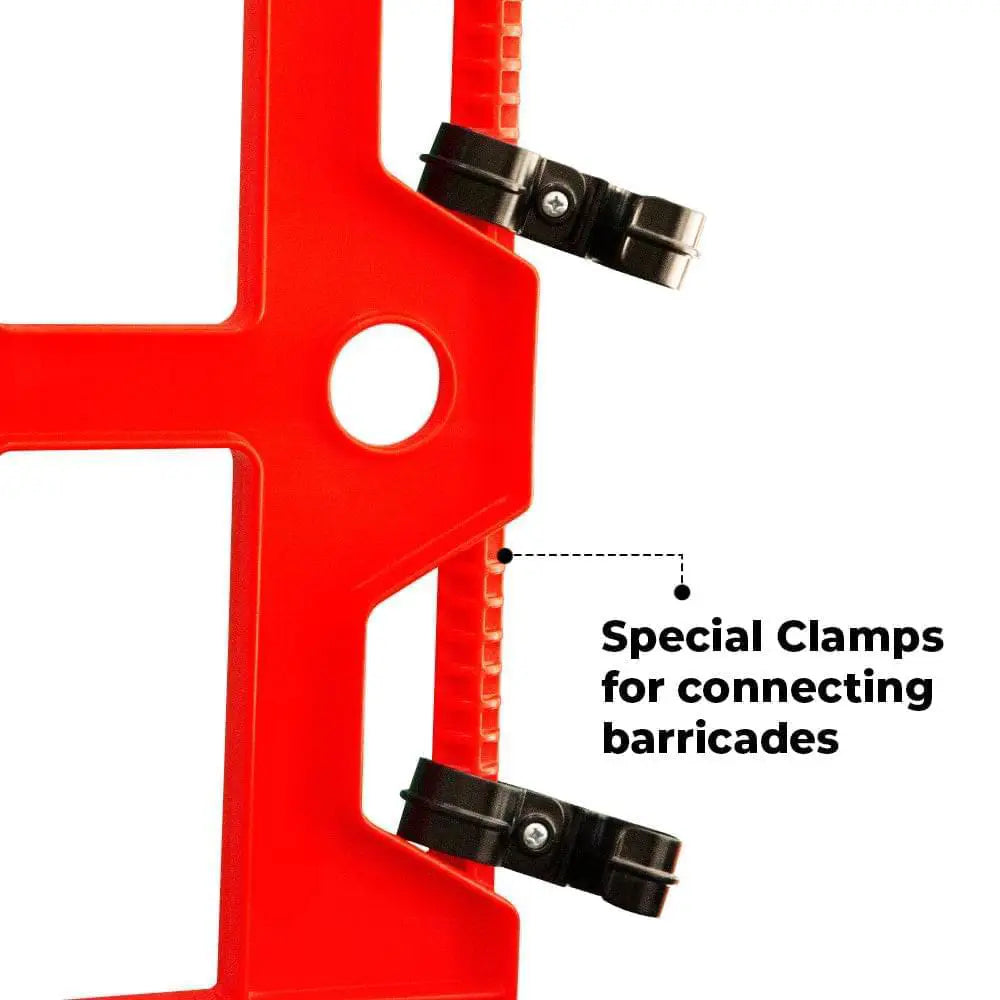 Red barricade with black clamps labeled 