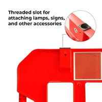 Red metal bracket with threaded slot for attaching lamps, signs, and accessories 